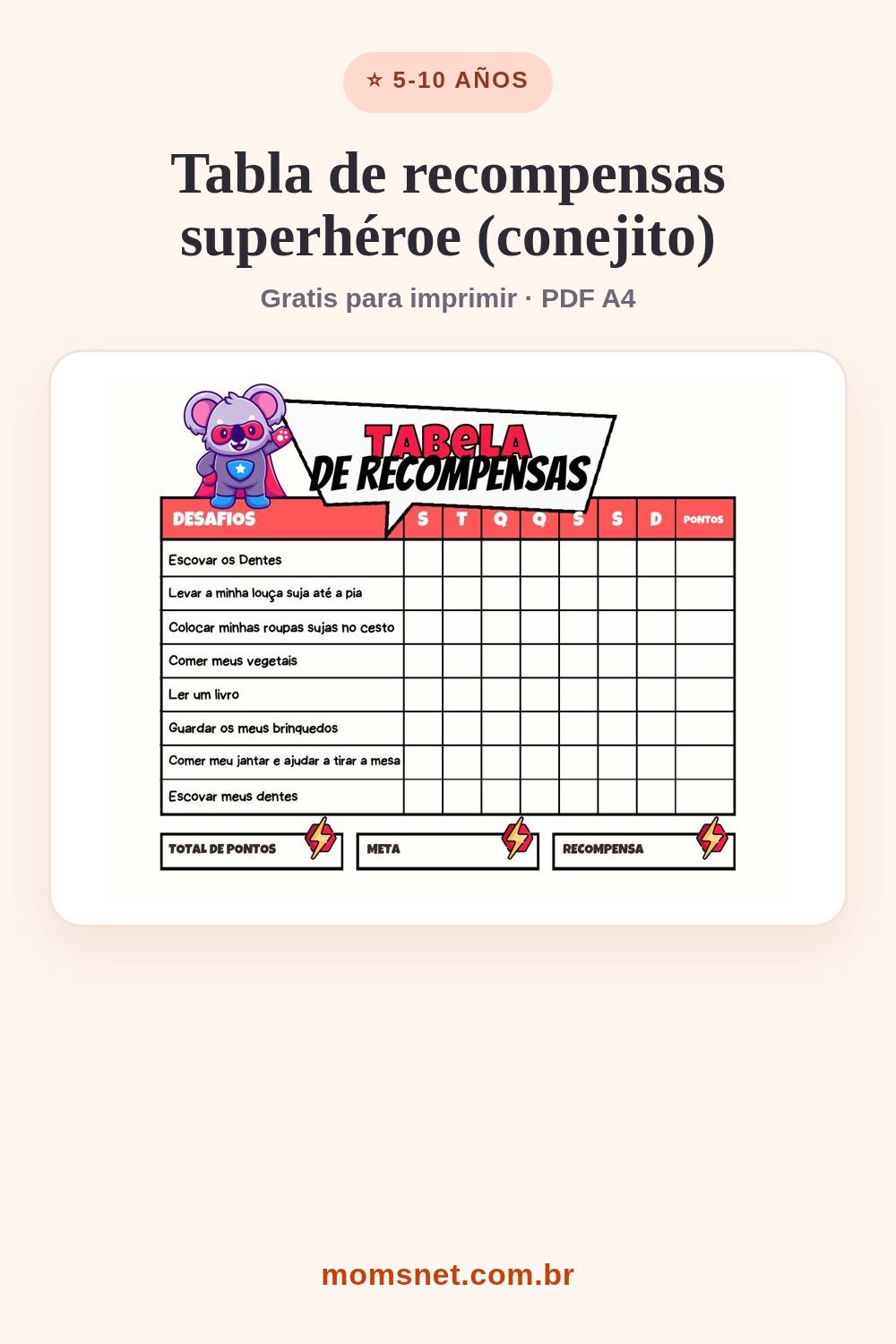 Tabla semanal de desafíos con un conejito superhéroe, filas de tareas y campos de meta y recompensa
