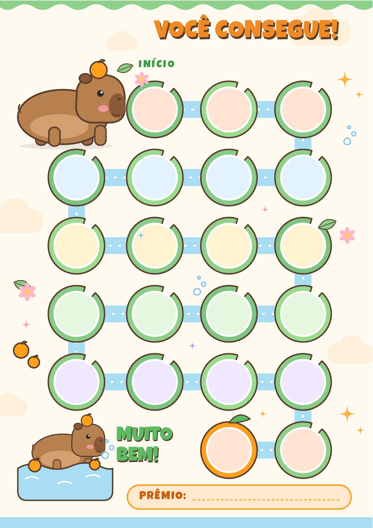 Quadro de recompensas da capivara — Caminho de vitórias-régias com 10 etapas e instruções para criar bons hábitos com calma.
