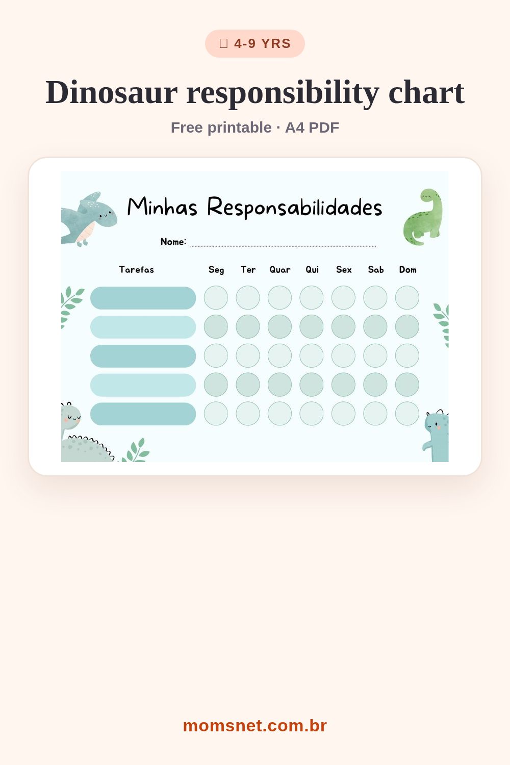 Teal "my responsibilities" chart with dinosaurs and circles to mark each day