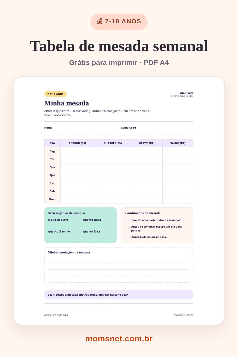 Tabela de mesada semanal para imprimir, com colunas de entrada, guardei, gastei e saldo