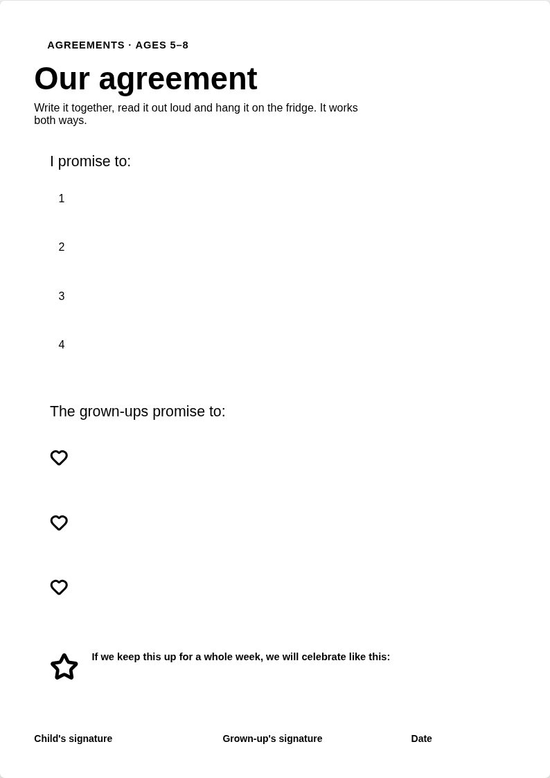 Our agreement — A family contract to sign together and hang on the fridge.