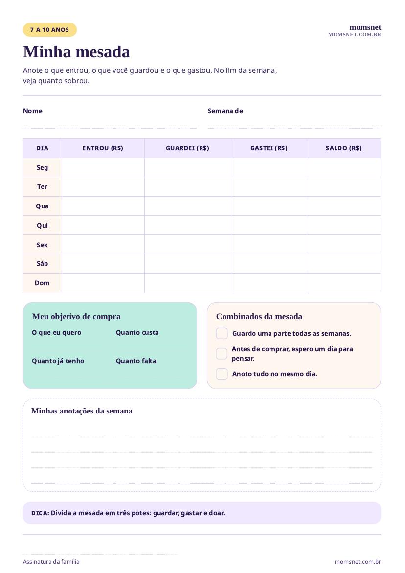 Tabela de mesada semanal para imprimir, com colunas de entrada, guardei, gastei e saldo