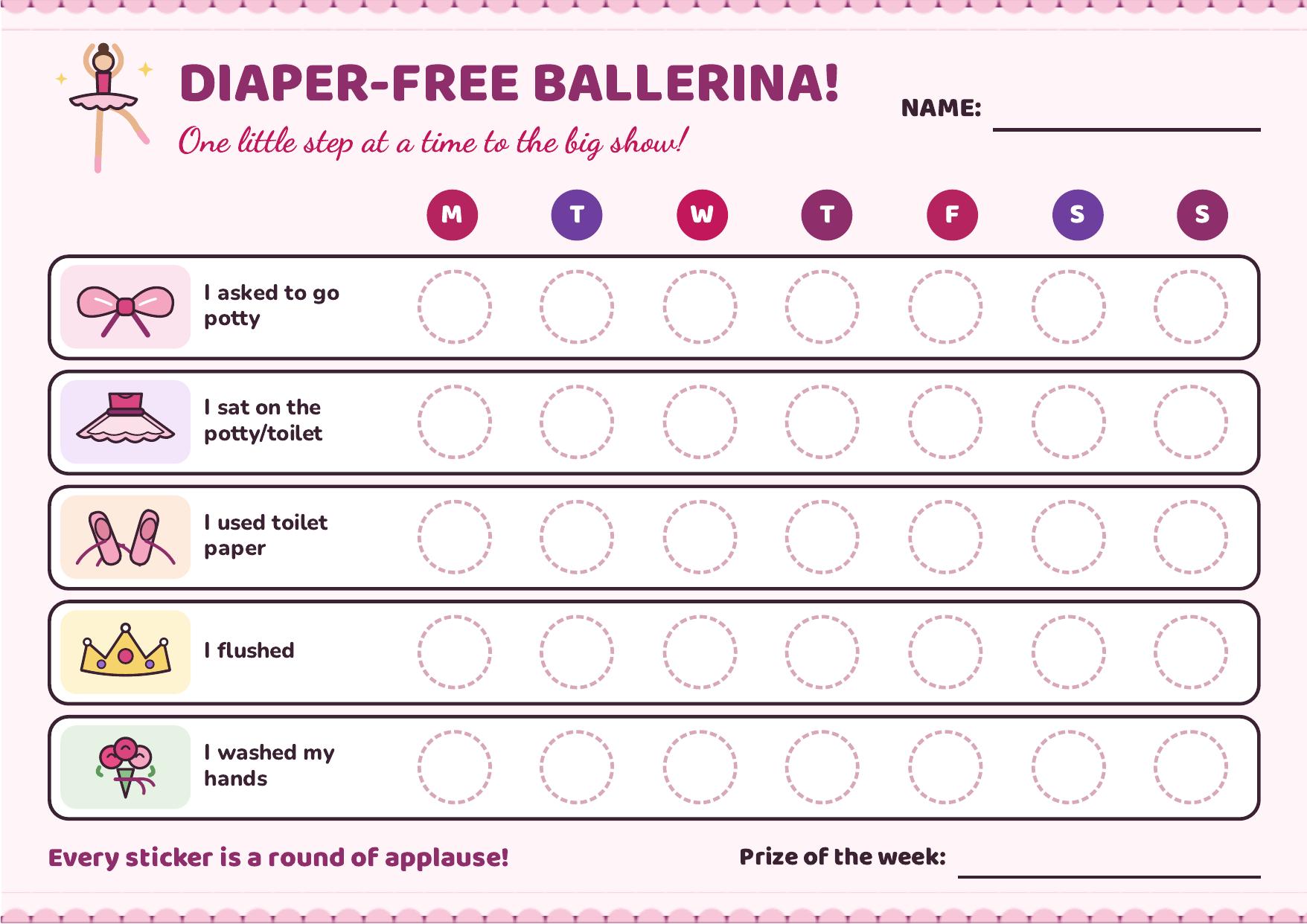 Ballerina potty chart — A weekly ballerina-themed chart to track asking to go, sitting, using paper, flushing and washing hands.