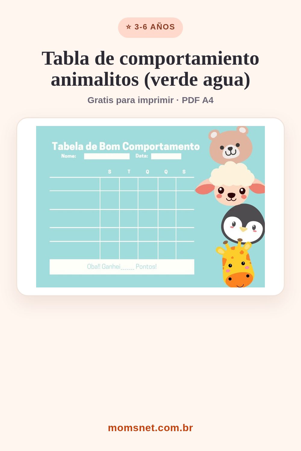 Tabla de buen comportamiento verde agua con oso, oveja, pingüino y jirafa y rejilla semanal