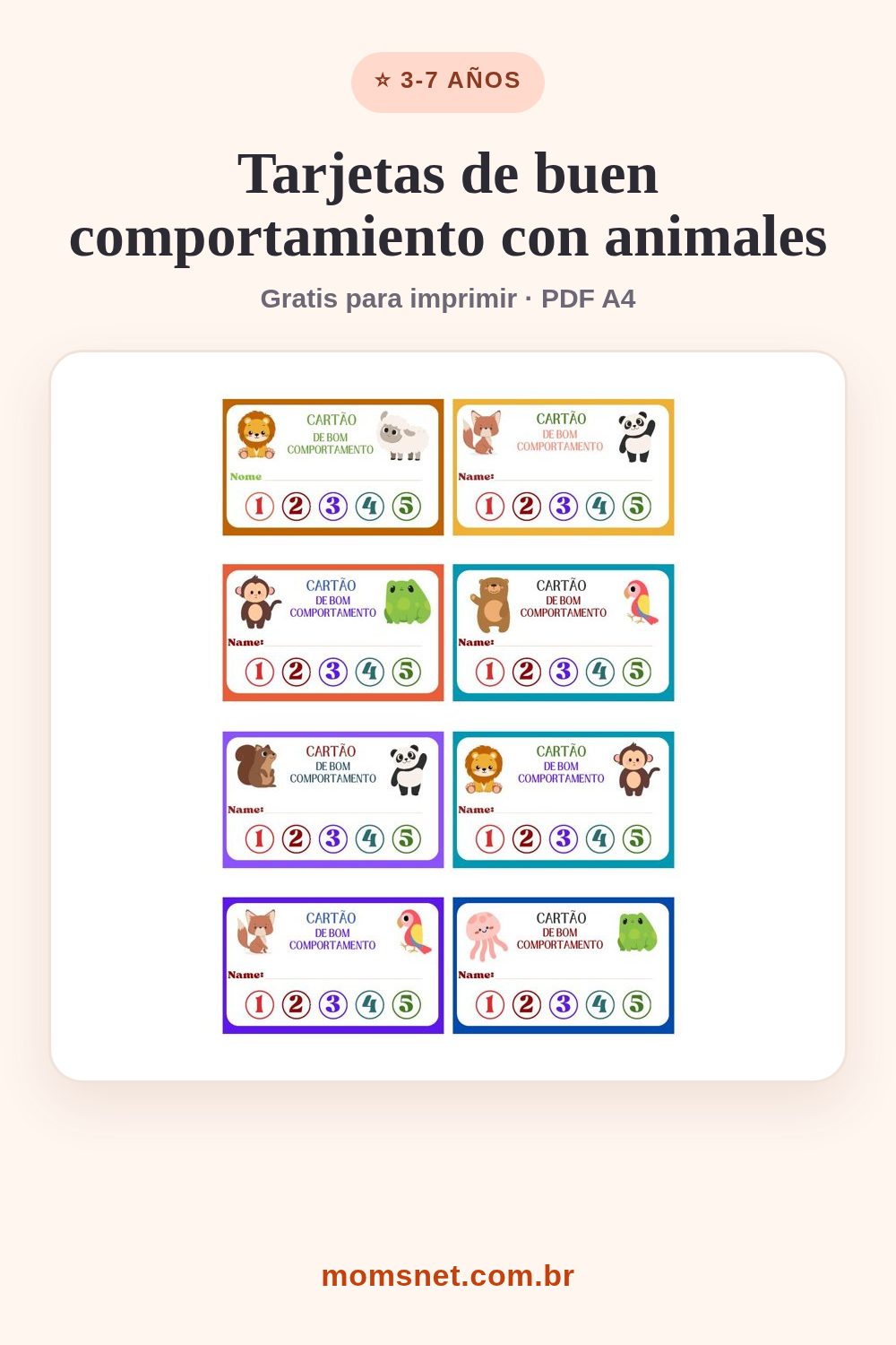 Hoja con ocho tarjetas coloridas, cada una con un animal y cinco puntos para marcar