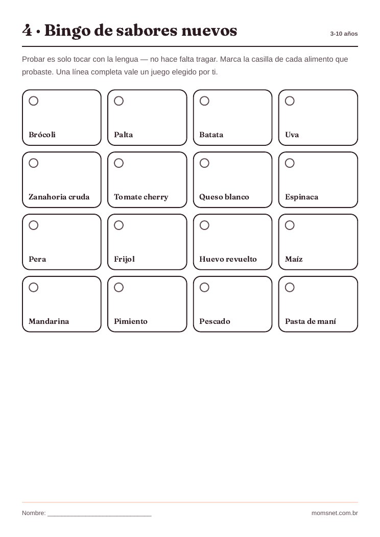 Bingo de sabores nuevos