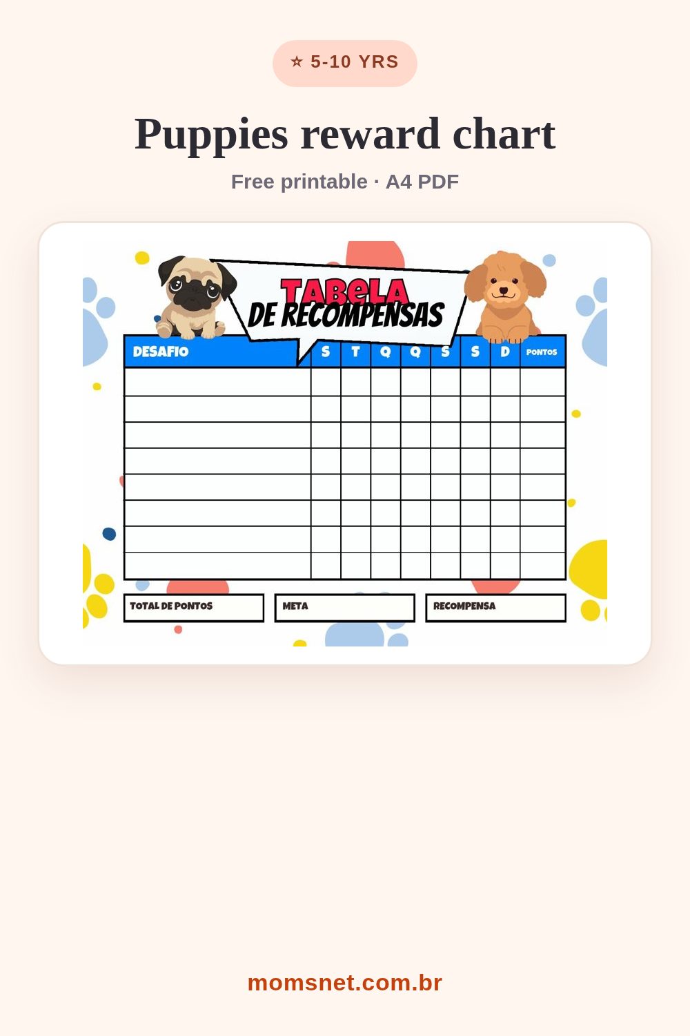 Reward chart with two puppies and blank rows to write the week's challenges