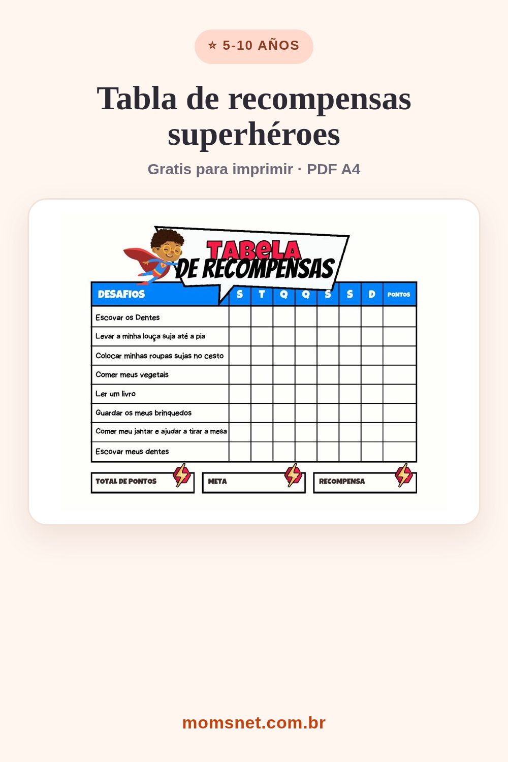Tabla semanal de desafíos con un niño superhéroe, total de puntos, meta y recompensa