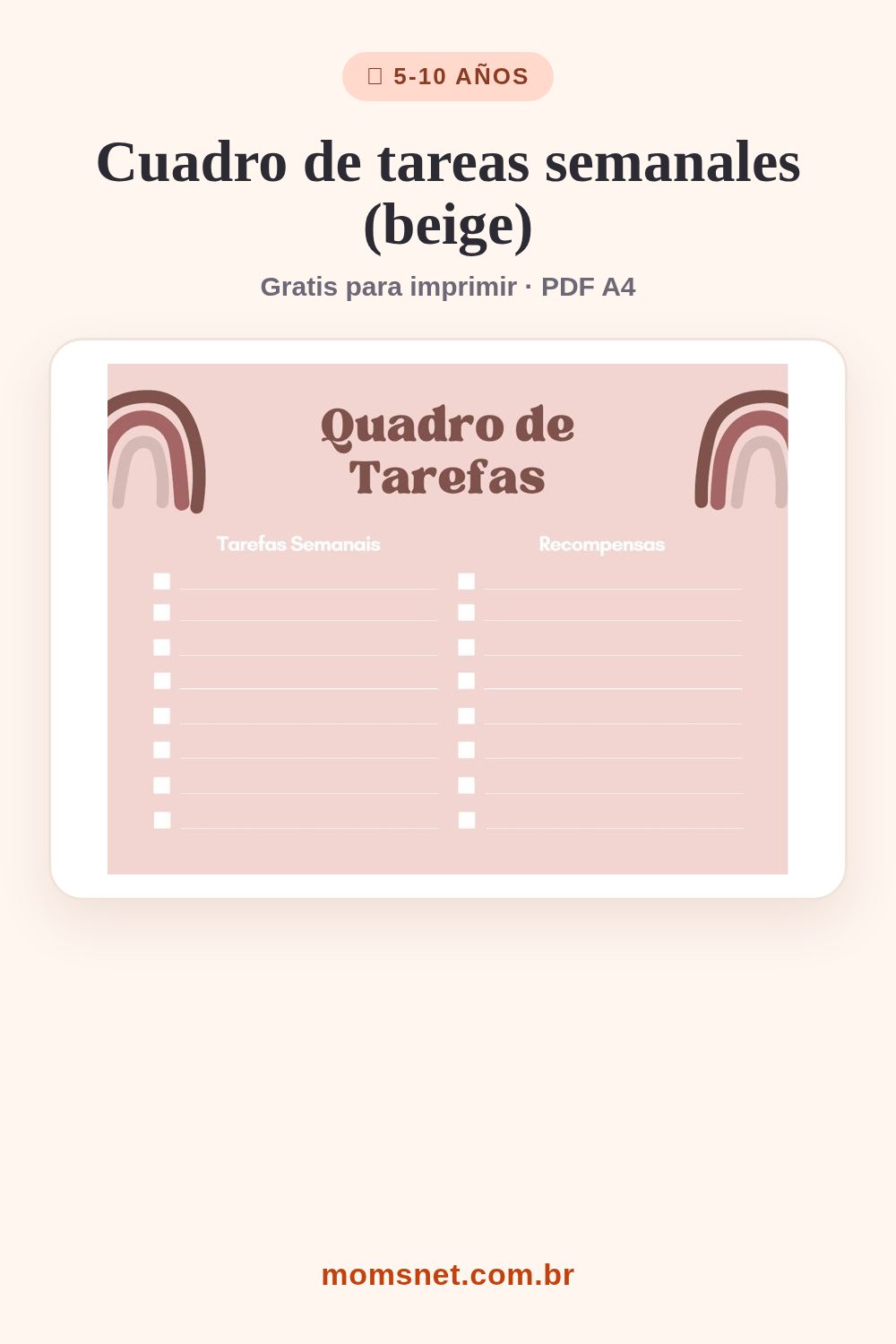 Cuadro de tareas beige con arcoíris, una columna de tareas y otra de recompensas