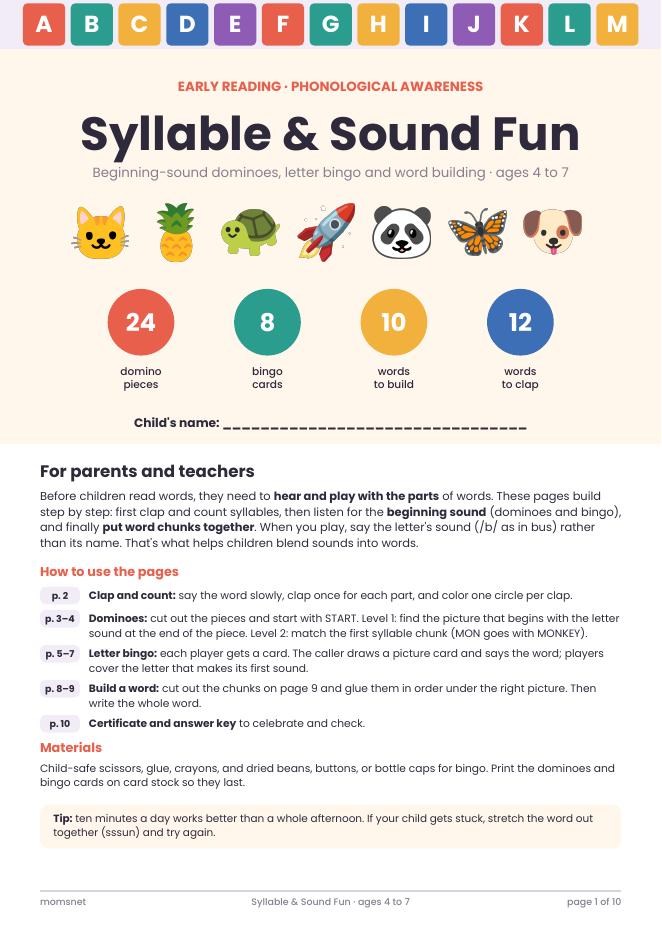 Cover of the Syllable & Sound Fun workbook with beginning-sound dominoes, letter bingo and word building
