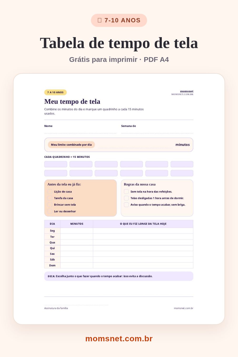 Tabela de tempo de tela para imprimir, com limite diário em blocos de 15 minutos