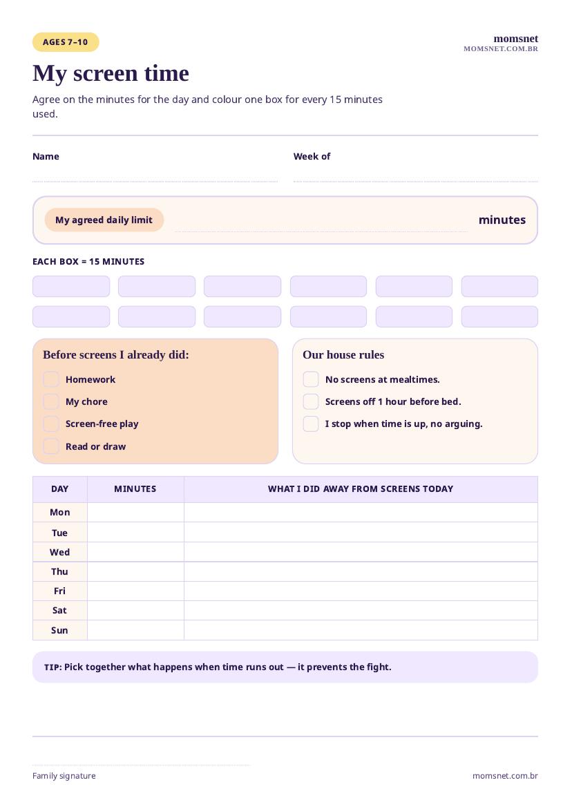 Printable screen time chart with a daily limit in 15-minute blocks