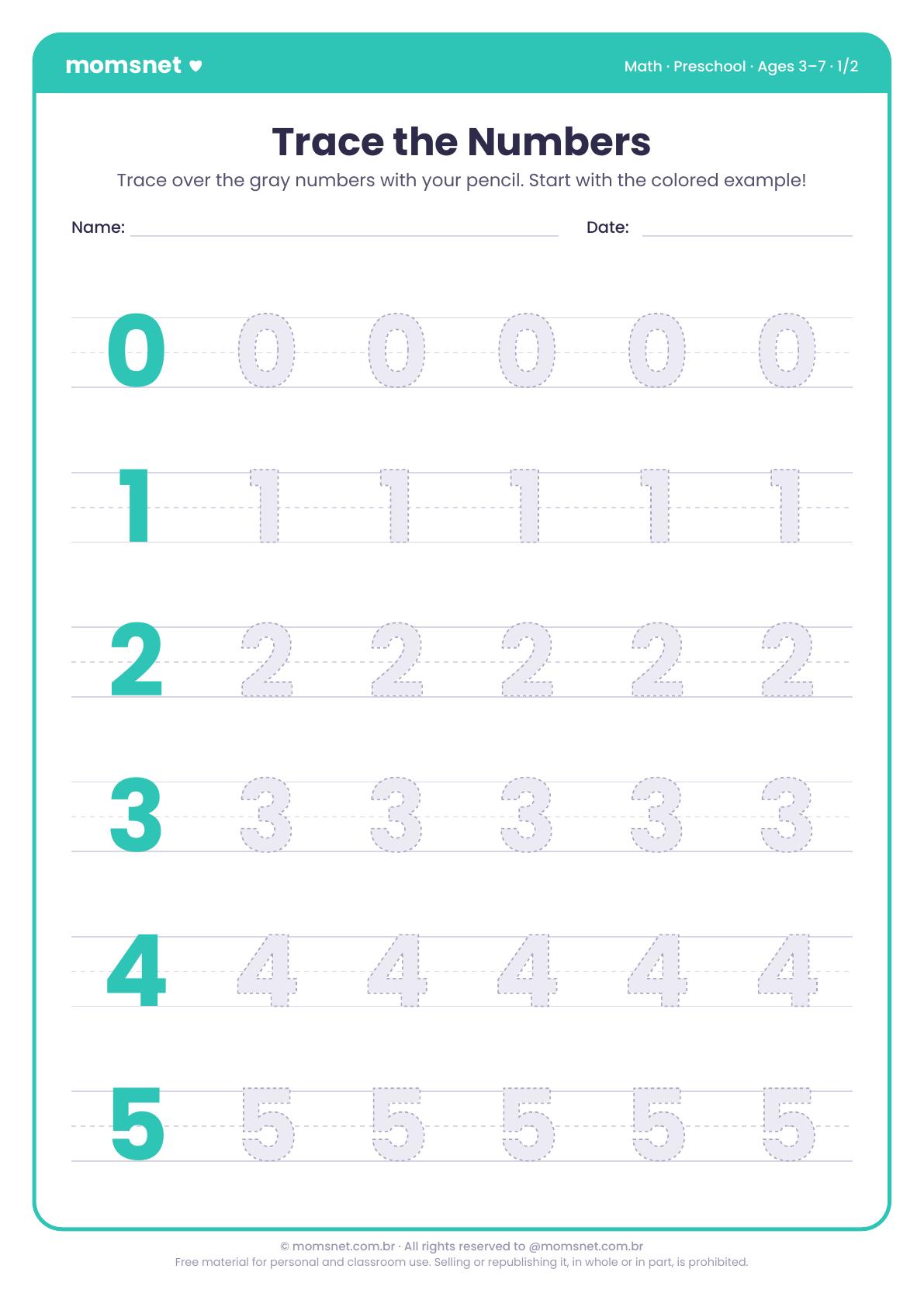 Trace the numbers 0 to 10