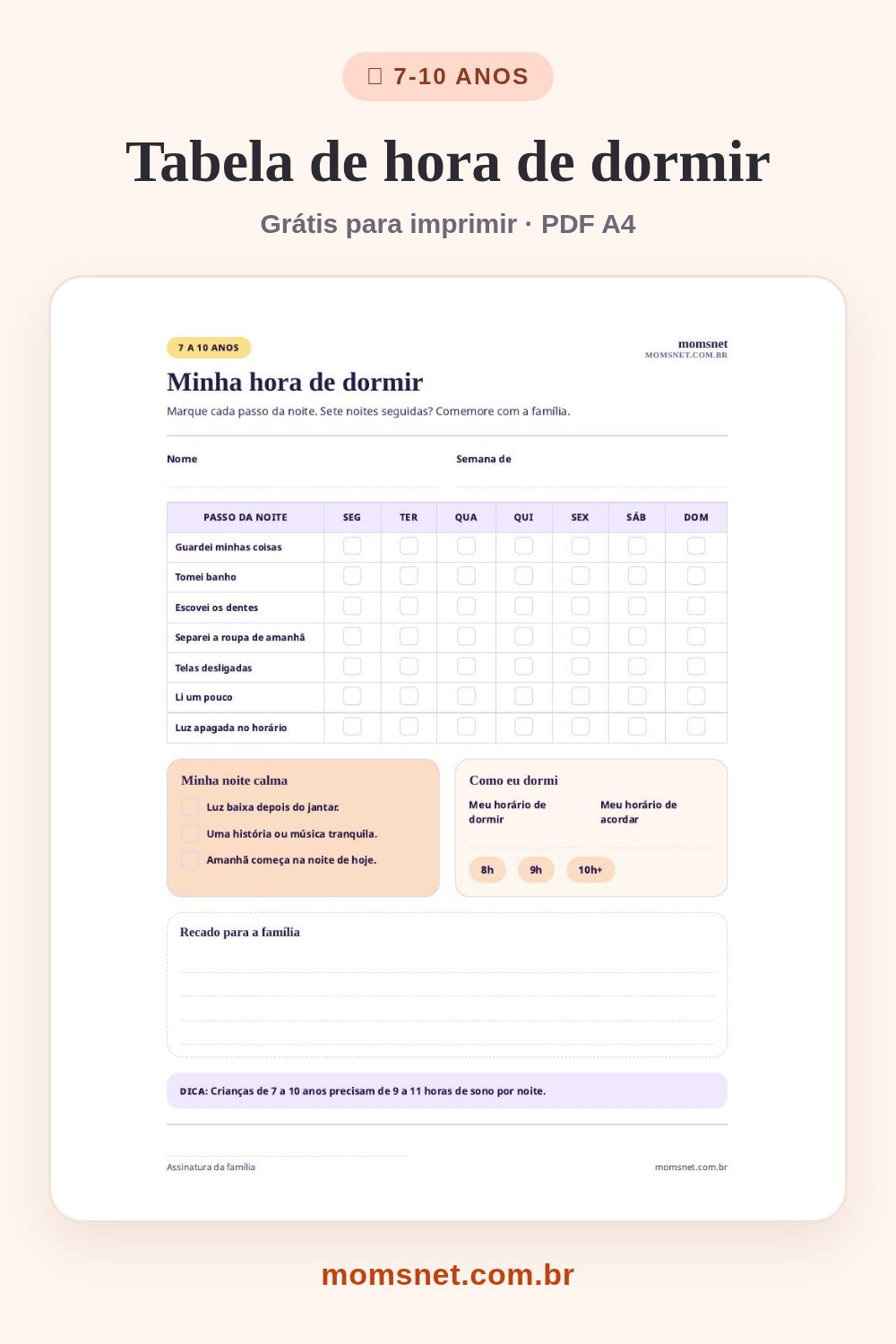 Tabela de rotina da hora de dormir para imprimir, com sete passos da noite por dia da semana