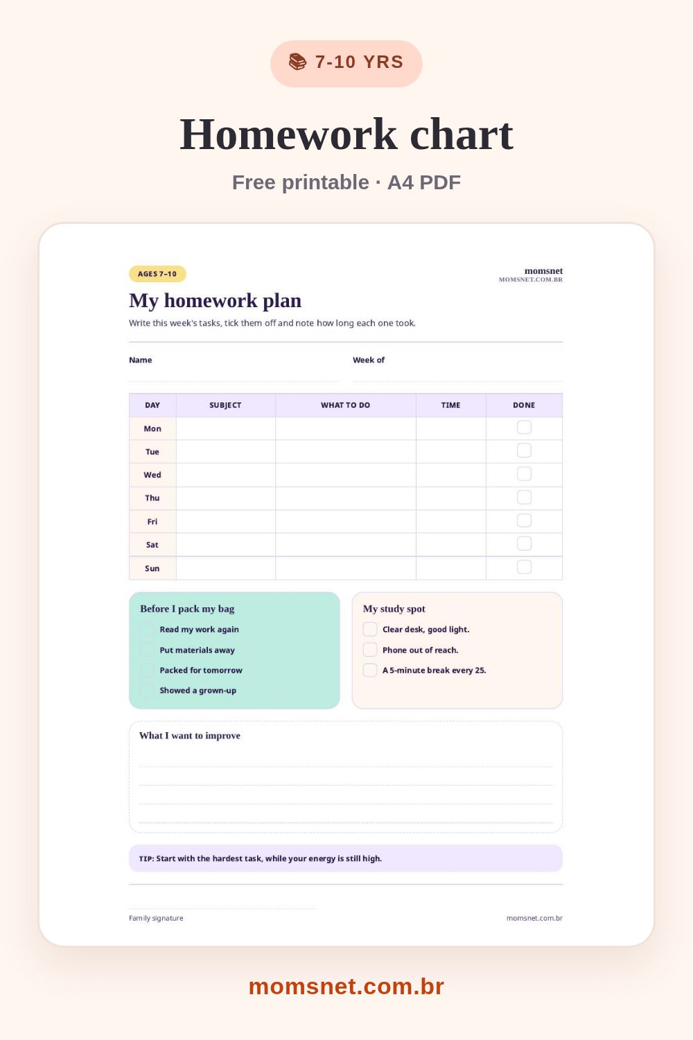 Printable weekly homework chart with subject, task, time and done columns