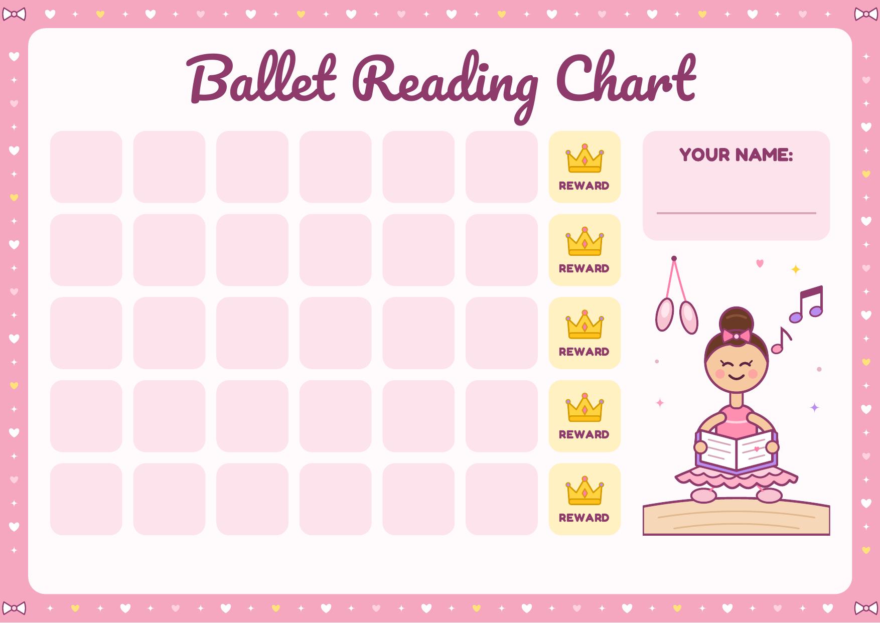 Ballet reading chart — A ballerina-themed reading chart with 30 spaces to track books and five reward milestones.