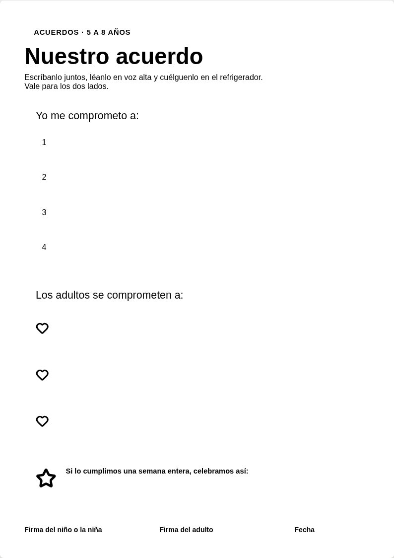 Nuestro acuerdo — Contrato familiar para firmar juntos y pegar en la nevera.