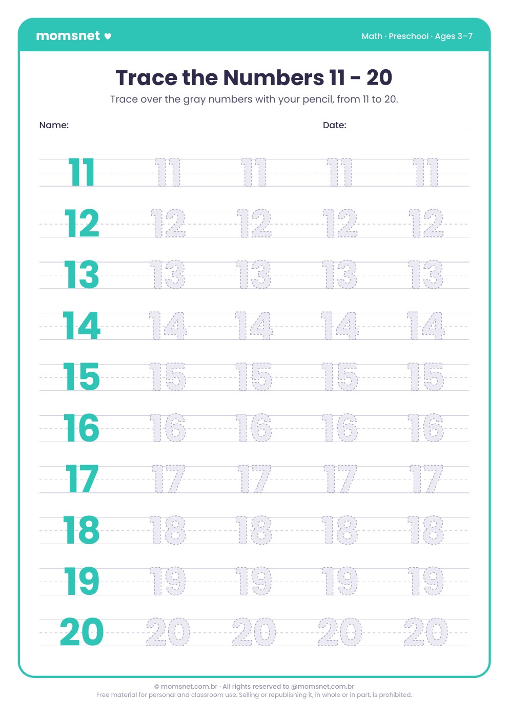 Trace the numbers 11 to 20