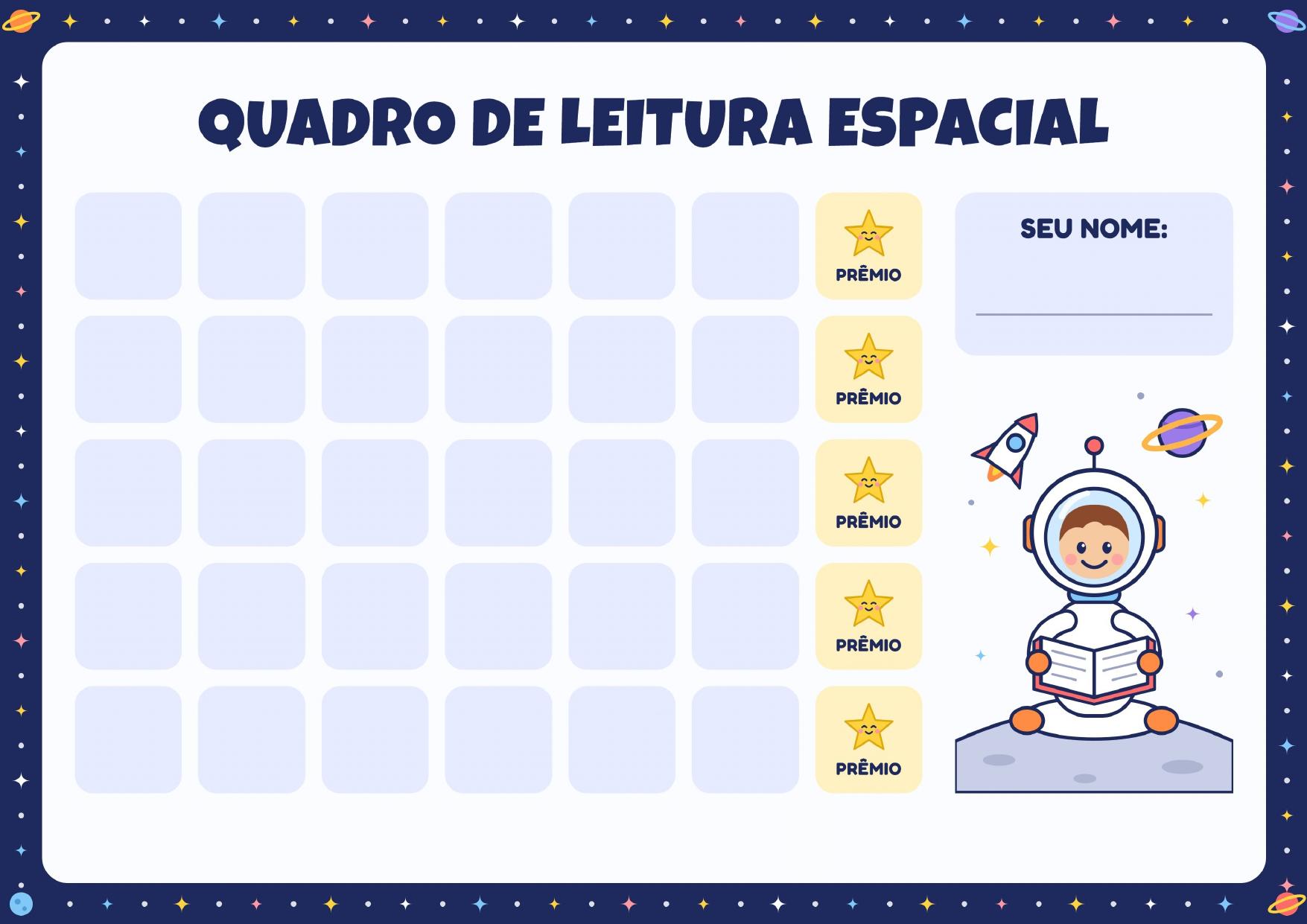 Quadro de leitura espacial — Missão de leitura com 30 etapas, cinco recompensas e um guia de duas páginas para criar o hábito de ler.