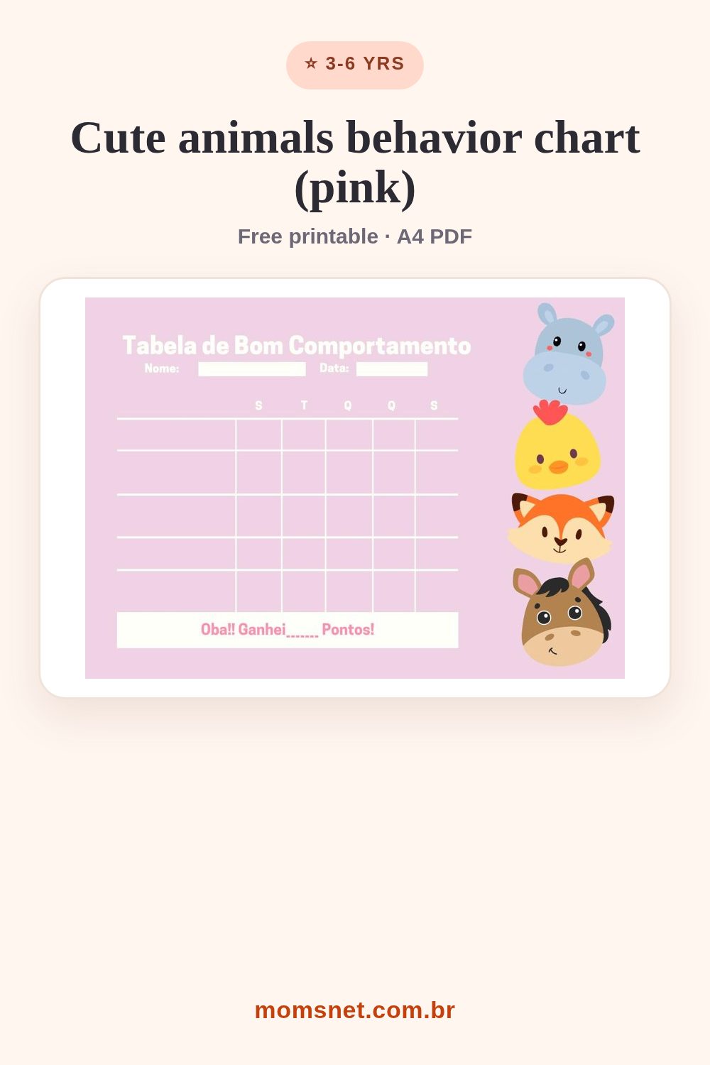 Pink good-behavior chart with a hippo, duckling, fox and pony and a weekly grid to tick off