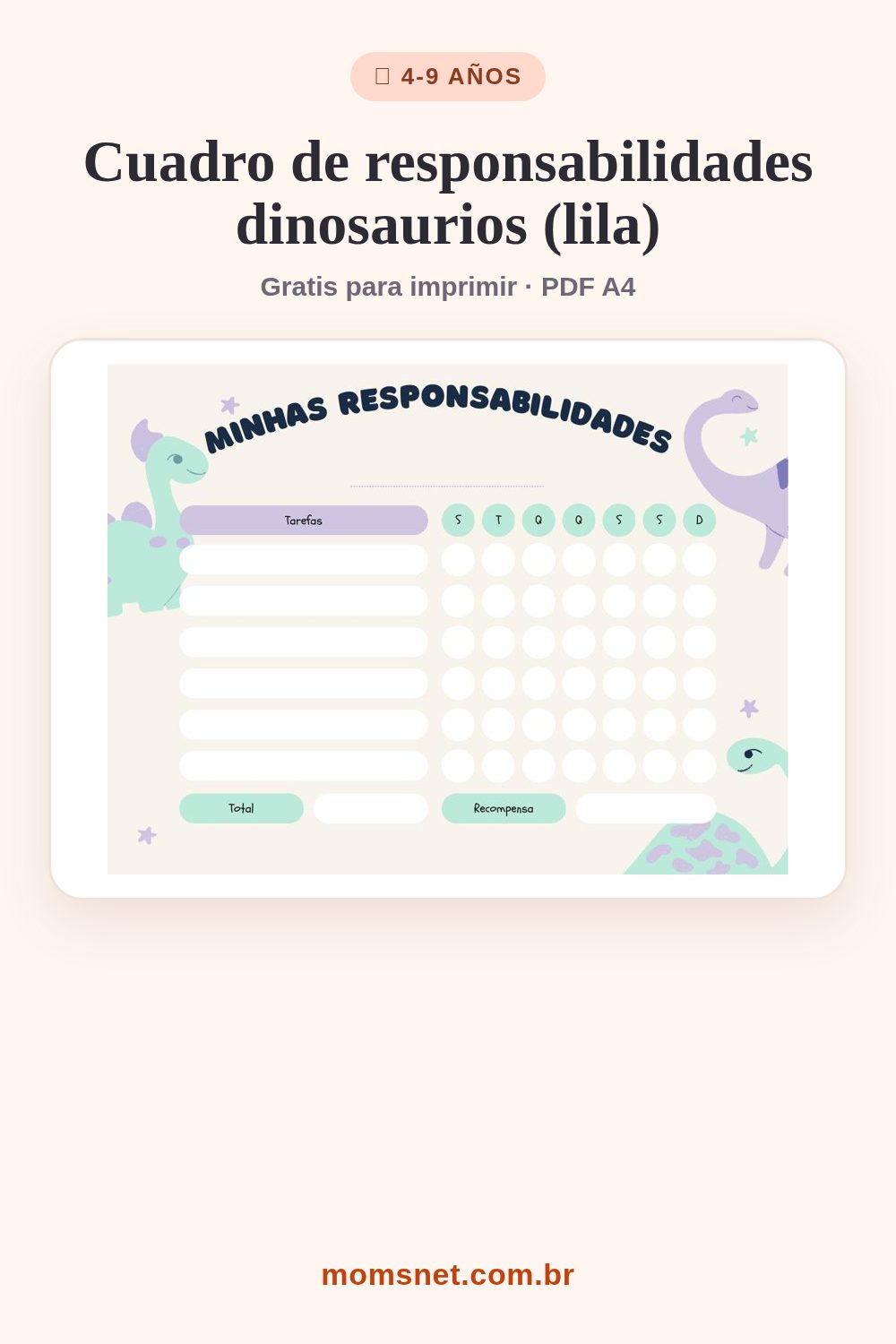 Cuadro de responsabilidades lila con dinosaurios, rejilla semanal, total y recompensa