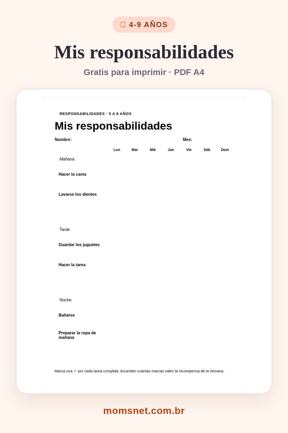 Mis responsabilidades — Tabla de tareas del hogar para ganar autonomía sin repetir mil veces.