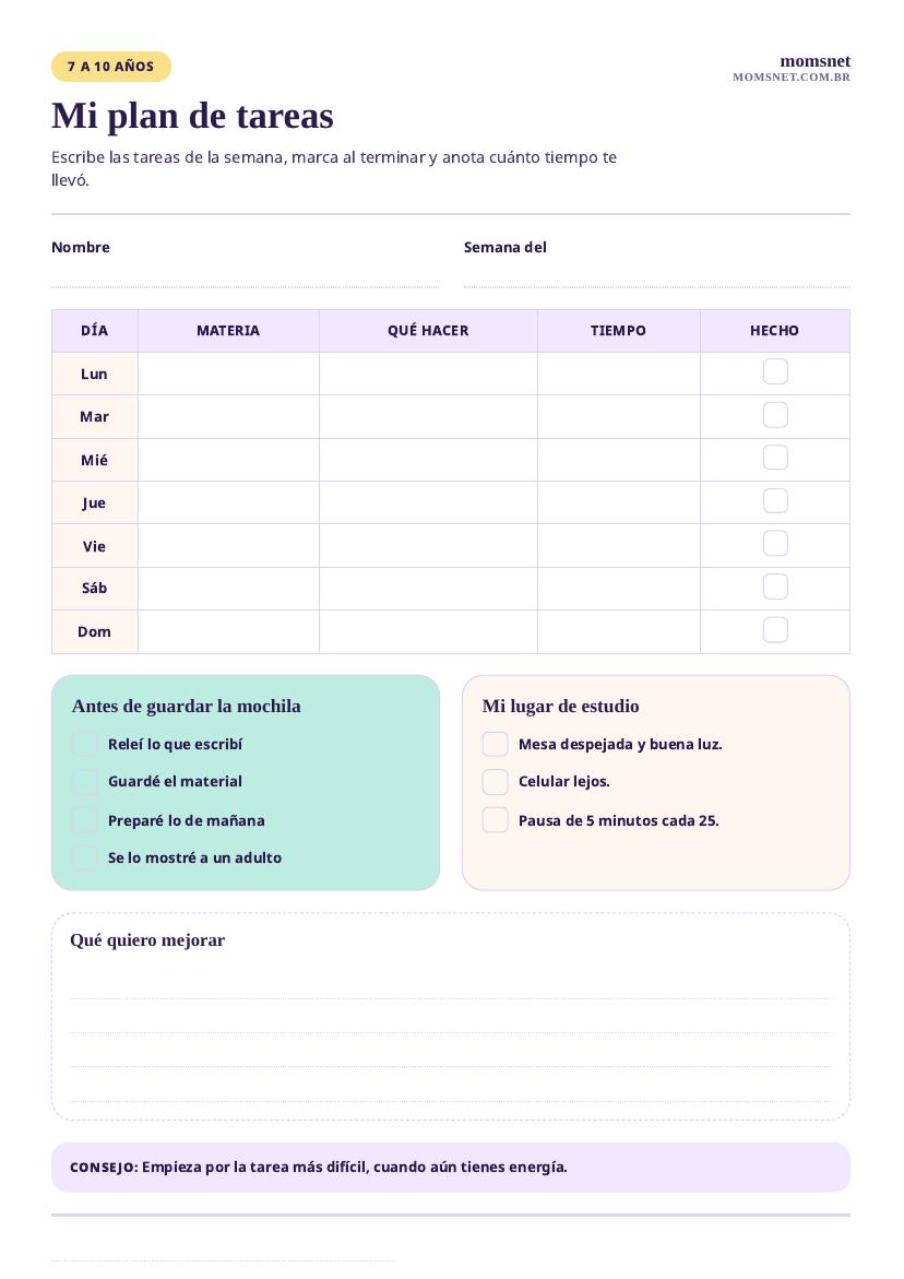 Tabla semanal de tareas escolares para imprimir, con materia, tarea, tiempo y hecho