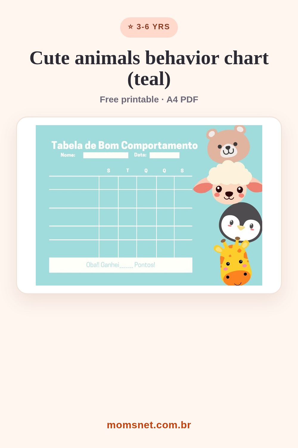 Teal good-behavior chart with a bear, sheep, penguin and giraffe and a weekday grid