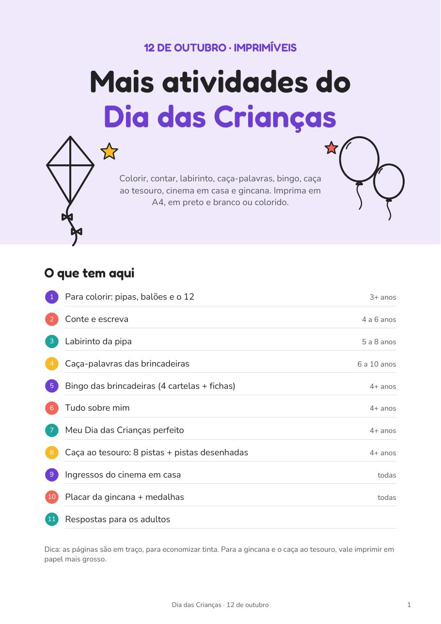 Primeira página do caderno Mais atividades do Dia das Crianças