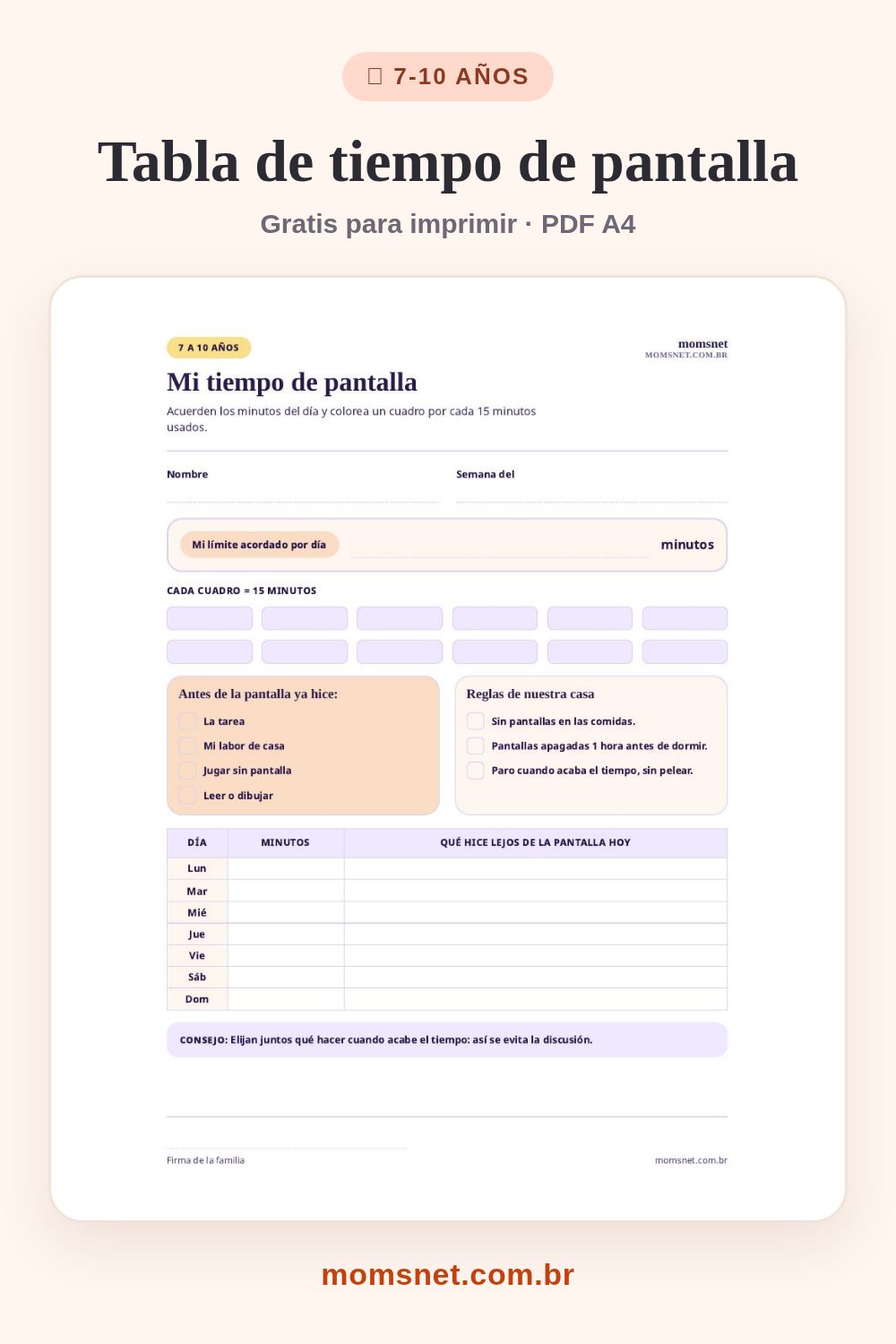 Tabla de tiempo de pantalla para imprimir, con límite diario en bloques de 15 minutos