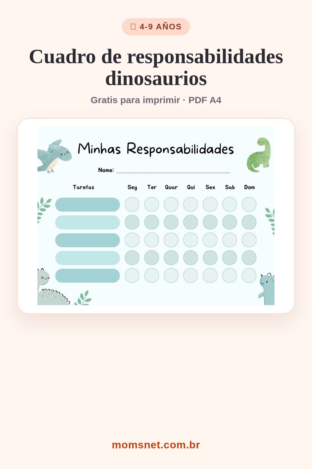 Cuadro "mis responsabilidades" verde agua con dinosaurios y círculos para marcar