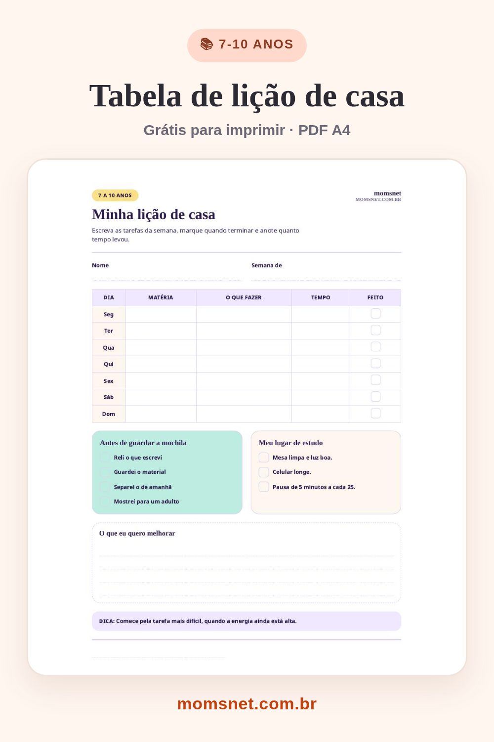 Tabela de lição de casa semanal para imprimir, com matéria, tarefa, tempo e feito