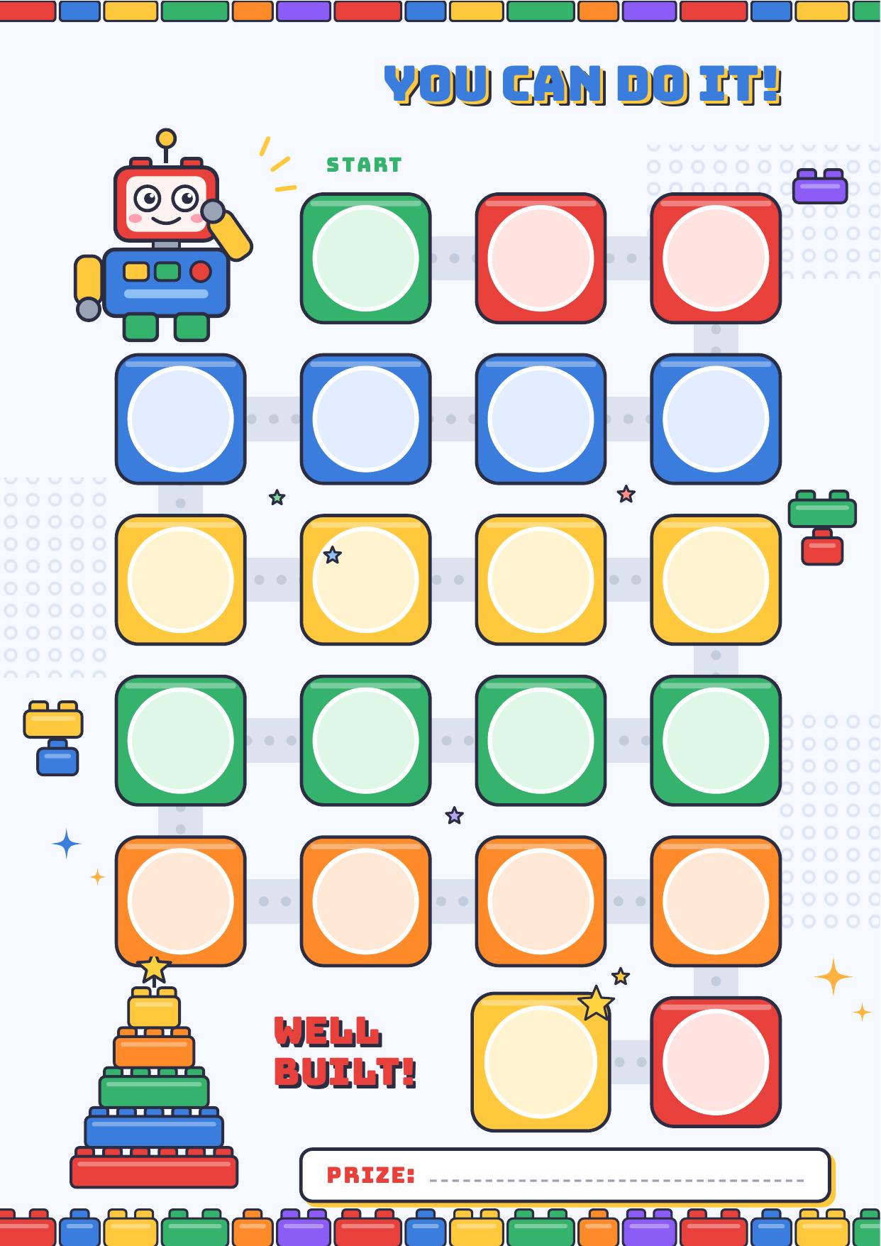 Building blocks reward chart — A colorful 20-step path with a robot and building blocks, plus a guidance page for grown-ups.