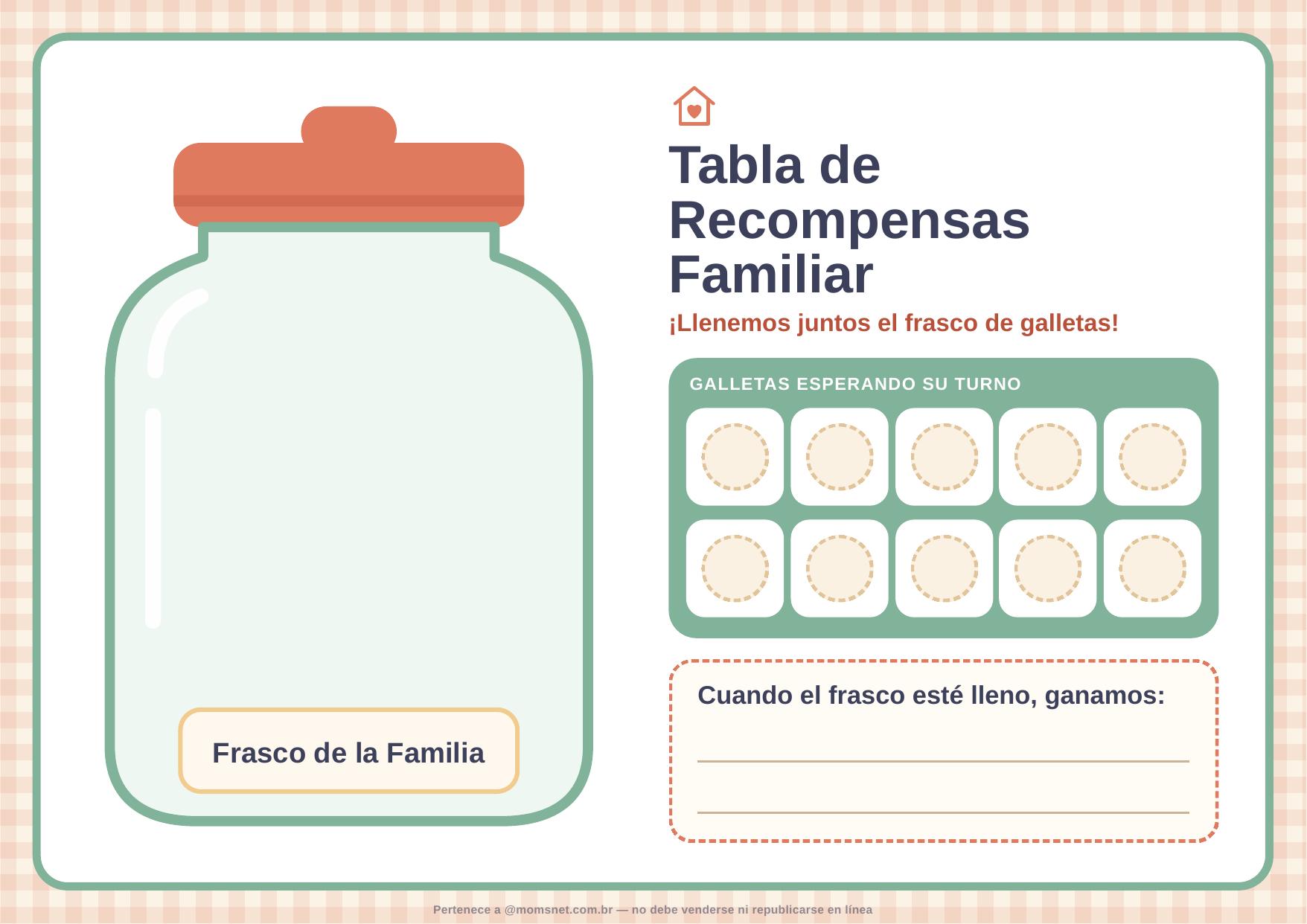 Tabla de recompensas familiar — Kit de tres páginas con frasco de galletas, piezas para recortar y consejos para fomentar la cooperación familiar.