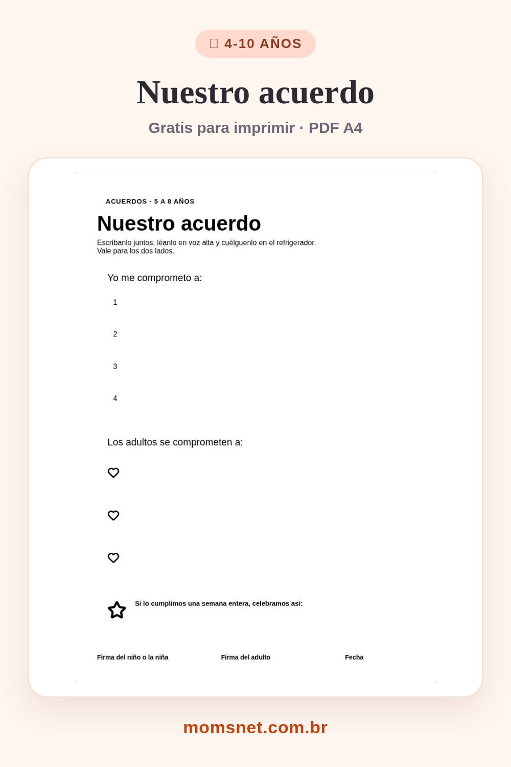 Nuestro acuerdo — Contrato familiar para firmar juntos y pegar en la nevera.