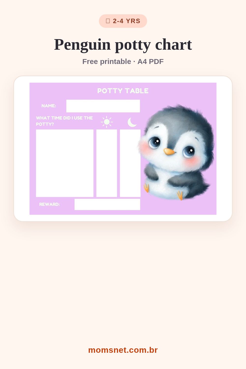 Lilac penguin potty chart with space to log the times of day and the reward