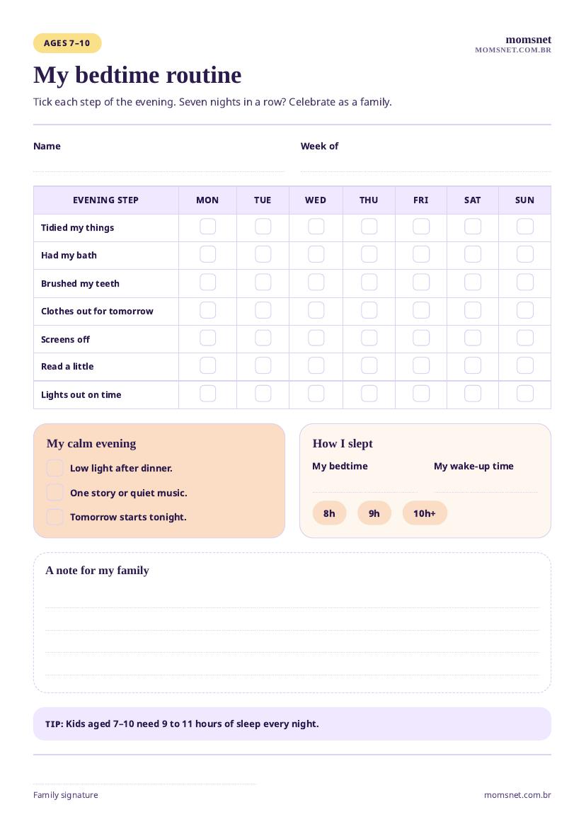 Printable bedtime routine chart with seven evening steps for each day of the week