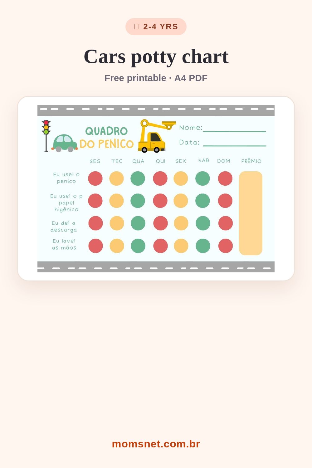 Potty chart with a little road, cars and colorful dots to mark each step of the week