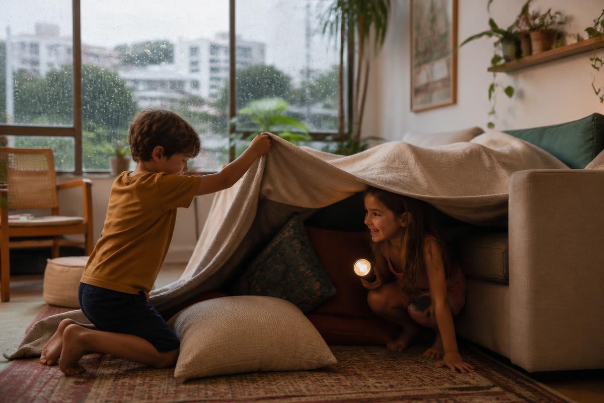 Duas crianças montando uma cabana de lençol na sala enquanto chove na janela