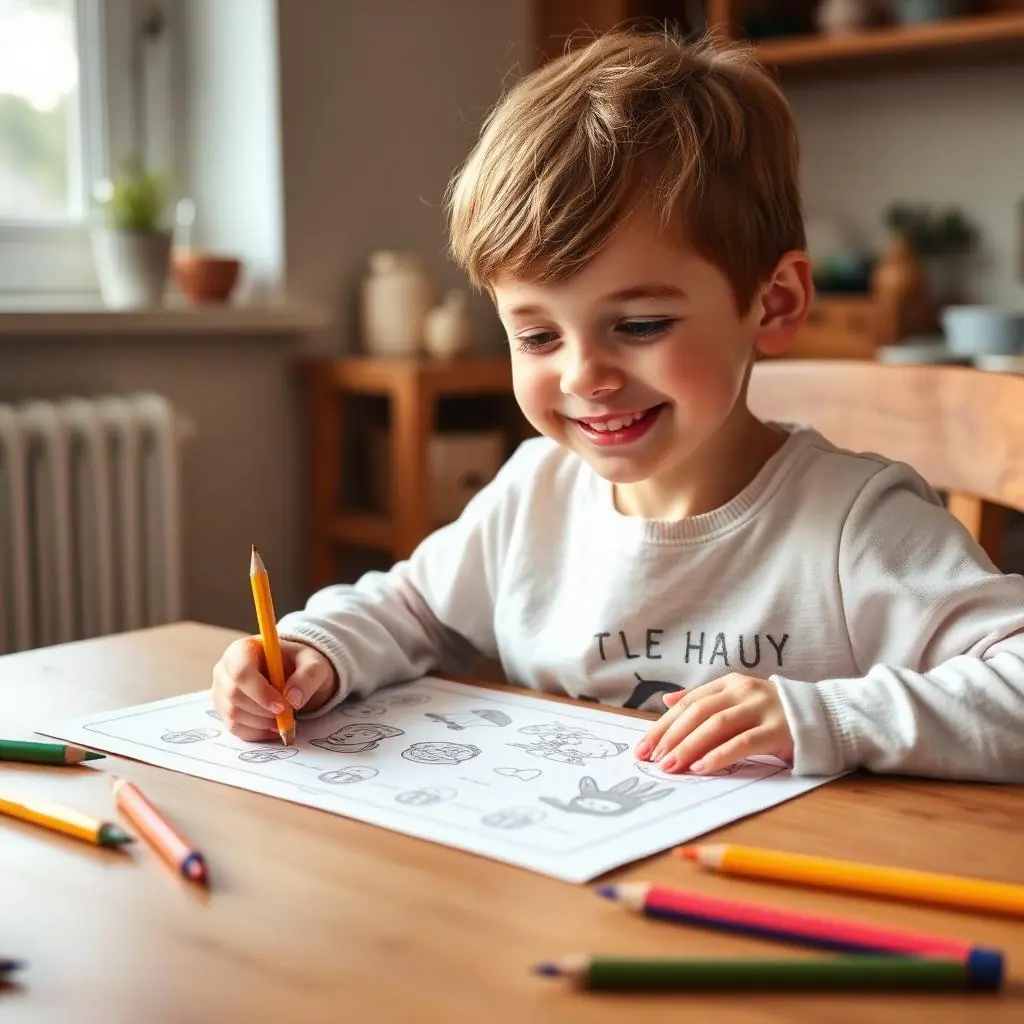 Criança de 6 anos sorrindo enquanto faz uma atividade educativa impressa