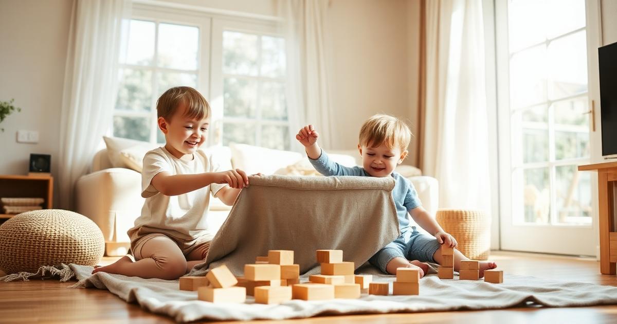 Duas crianças brincando livremente com blocos de madeira e um forte de cobertores na sala