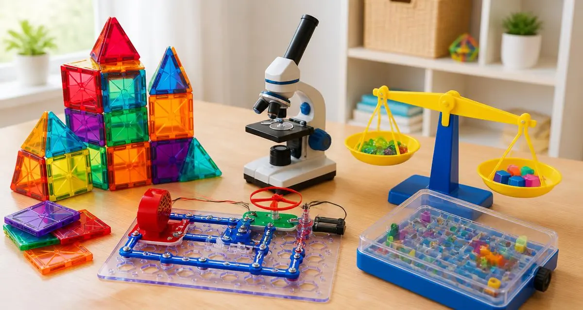 Juguetes STEM sobre una mesa: bloques magnéticos, microscopio infantil, kit de circuitos y juego de lógica