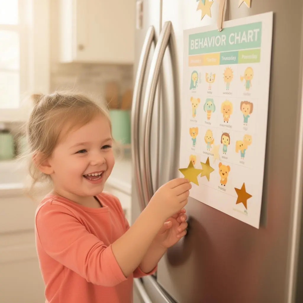 Niño colocando una estrella en una tabla de comportamiento en el refrigerador