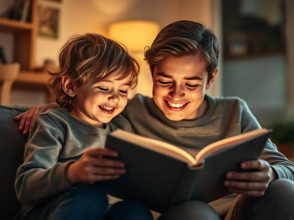 Parent and child reading a book together at home, a warm learning moment