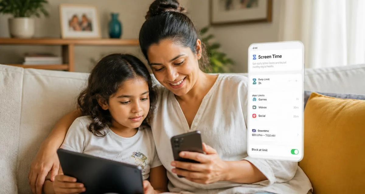 Mother and daughter on the sofa adjusting parental control settings together on a phone and tablet