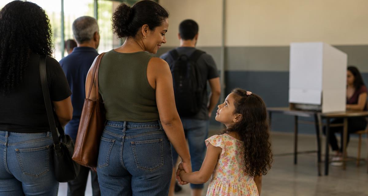 Mãe e filha pequena de mãos dadas na fila da seção eleitoral no dia da votação