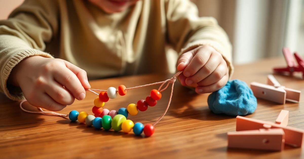 Mãos de criança enfiando contas coloridas em um barbante