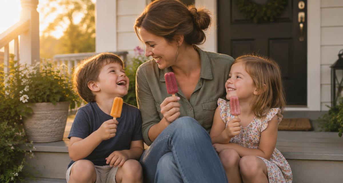 Mother and two young children sitting on the front steps eating popsicles and laughing together in the late afternoon