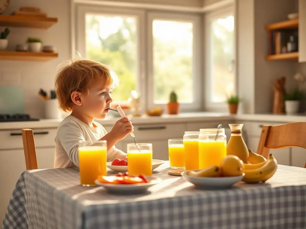 Niño desayunando saludablemente en una cocina iluminada por el sol