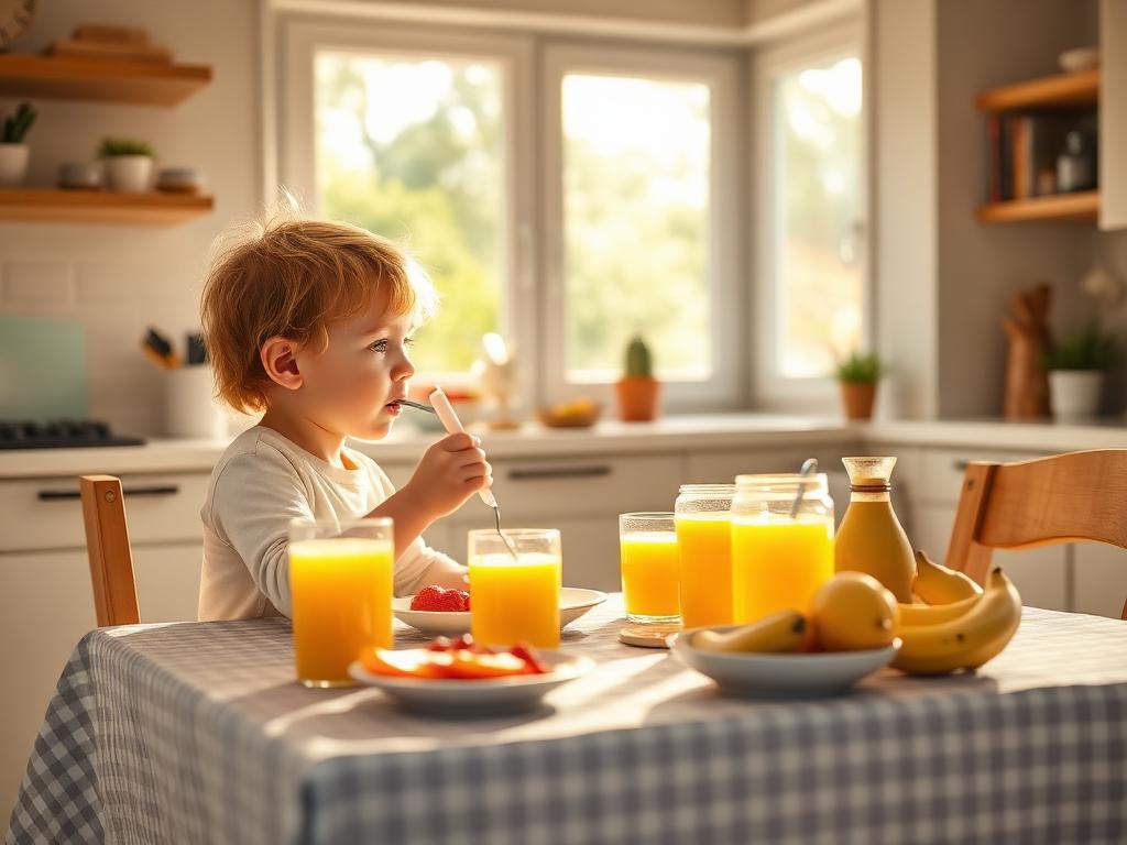 Niño desayunando saludablemente en una cocina iluminada por el sol